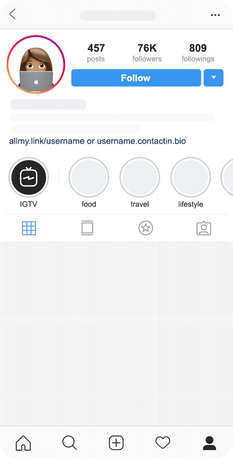 Instagram page with ContactInBio and AllMy.Link url