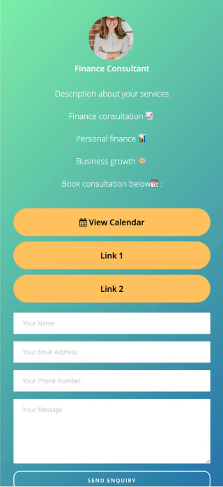 Finance consultant page created with ContactInBio