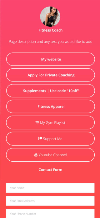 Fitness coach page created with ContactInBio