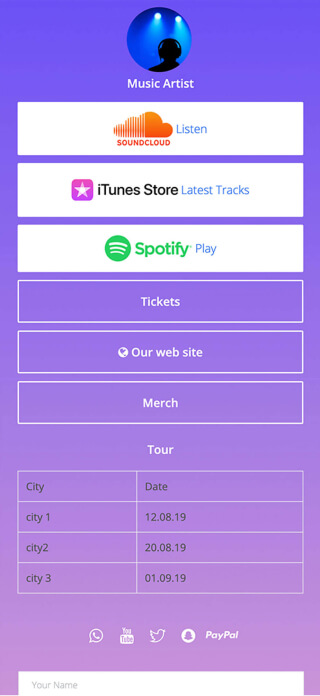 Music artist page created with ContactInBio